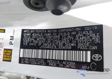 2020 Toyota Corolla Se z USA, uszkodzony, nr VIN JTDS4RCE3LJ006558